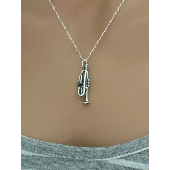 Sterling Silver 3D Trumpet Necklace, Sterling Silver Trumpet Necklace - Picture 1 of 5